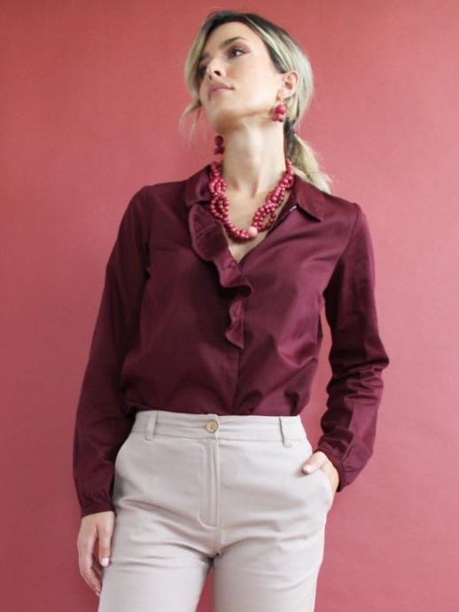 Camicia con rouches Bordeaux cotone Gea  - Trame.