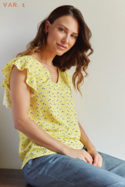 Camicia donna con maniche corte voile TROPEA - fantasia floreale gialla - Quid