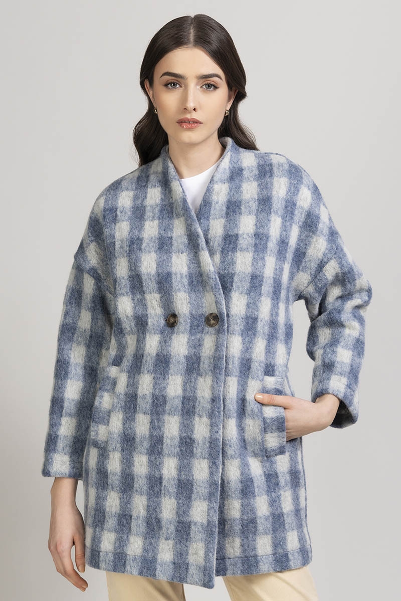 Cappotto tartan sfoderato in azzurro