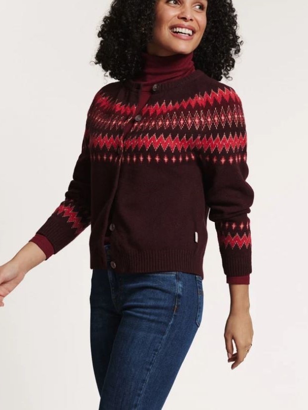 Cardigan donna jacquard Leona Bordeaux in lana RWS