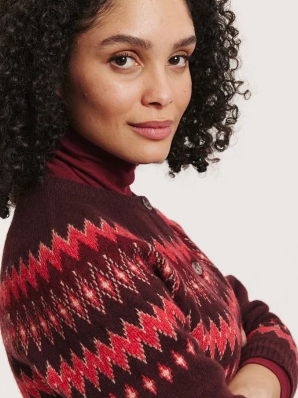 Cardigan donna jacquard Leona Bordeaux in lana RWS