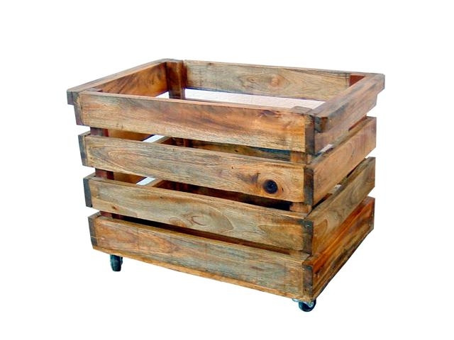 Cassetta portaoggetti da arredamento in legno riciclato con ruote 44x28x33