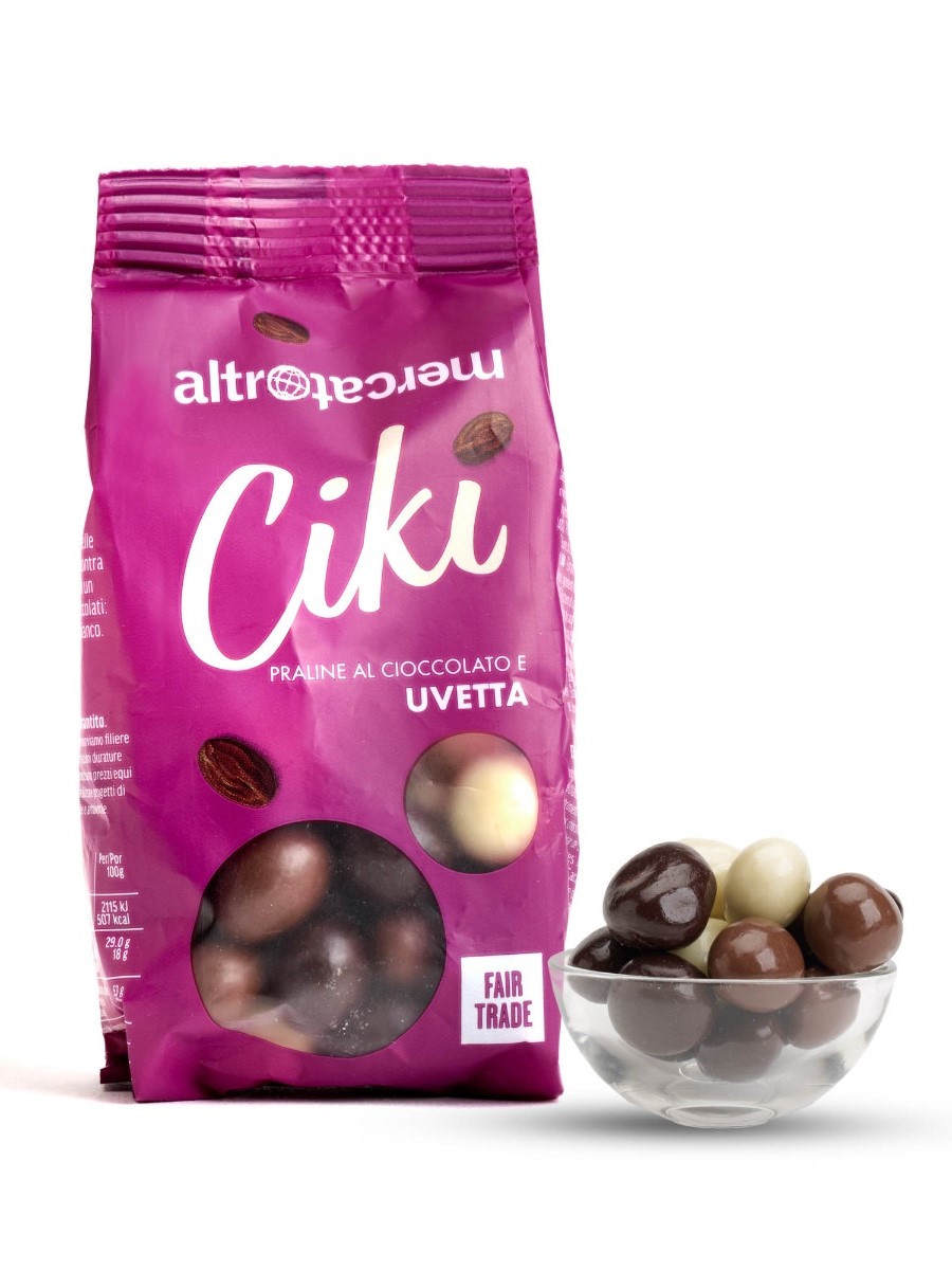 Ciki dragée praline di uvetta al cioccolato Altromercato.