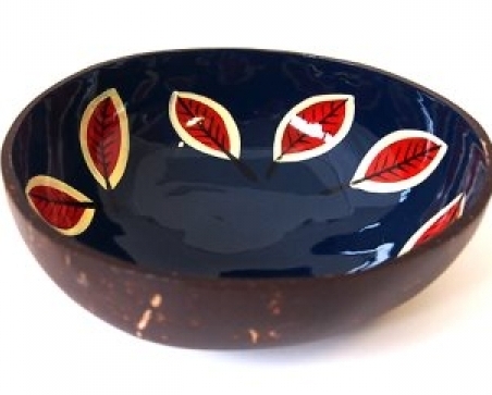 Ciotola in cocco laccato in Blu con foglie rosse