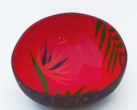 Ciotola in cocco laccato in Rosso con palme