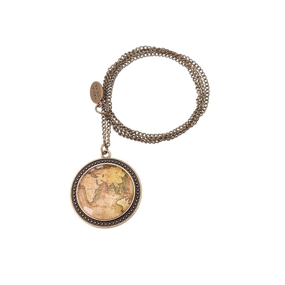 Ciondolo mappamondo su collana lunga, metallo anticato