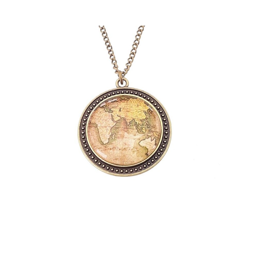 Ciondolo mappamondo su collana lunga, metallo anticato