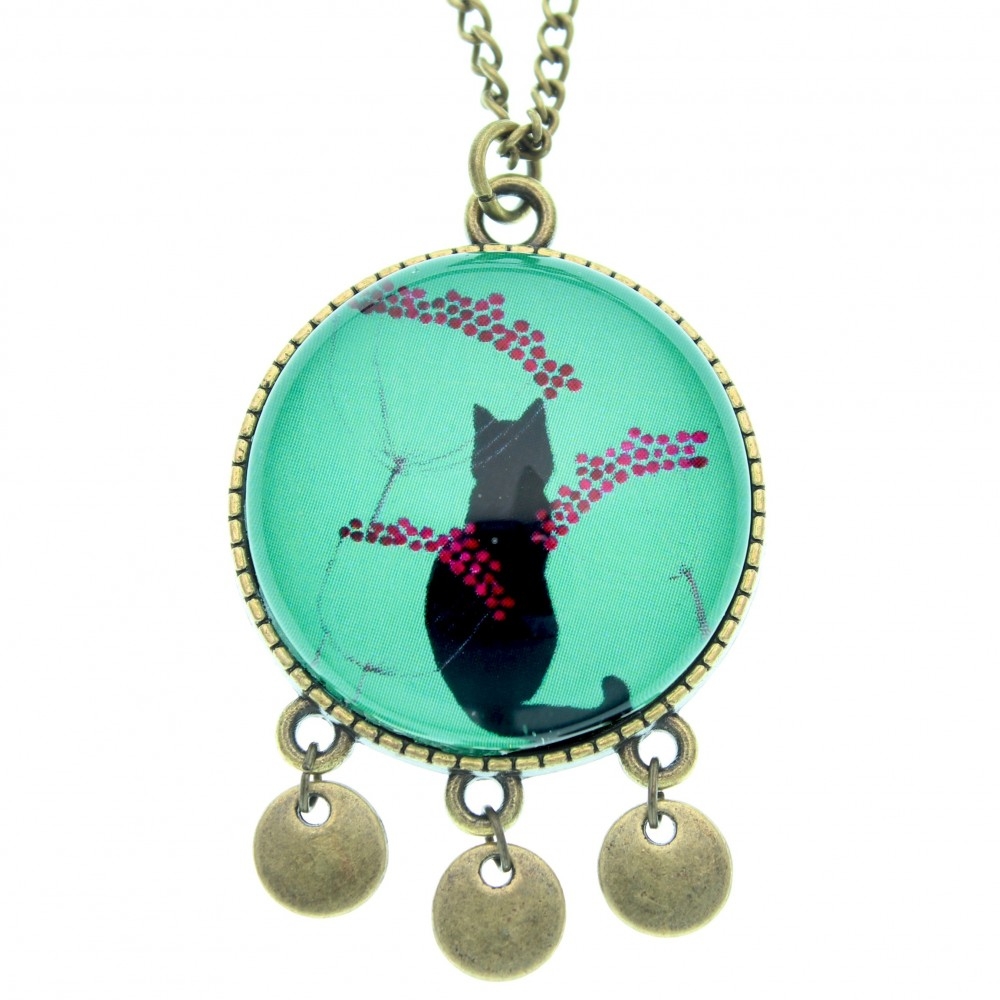Collana lunga medaglione pendagli metallo anticato in turchese Gatto - Soul Scope