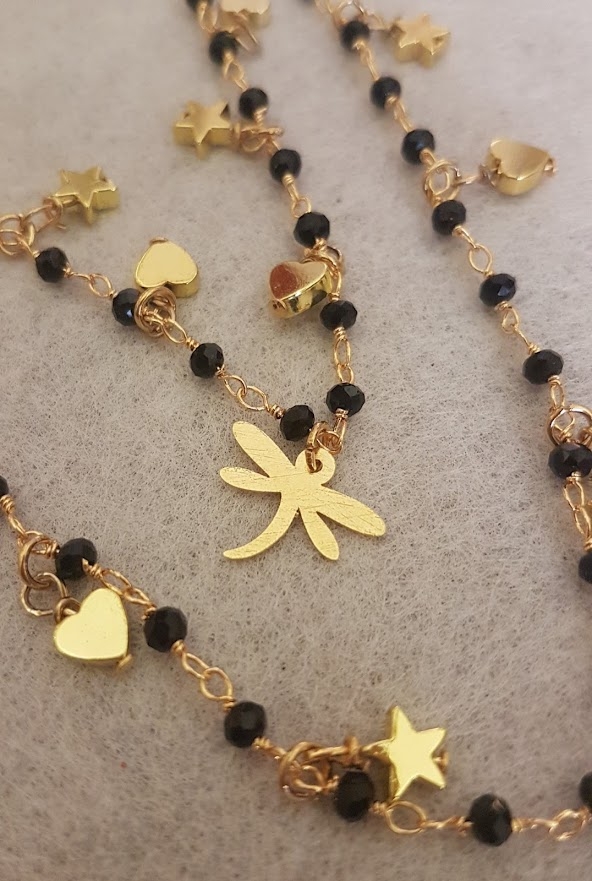 Collana doppia dorata con libellula fiore e stelle