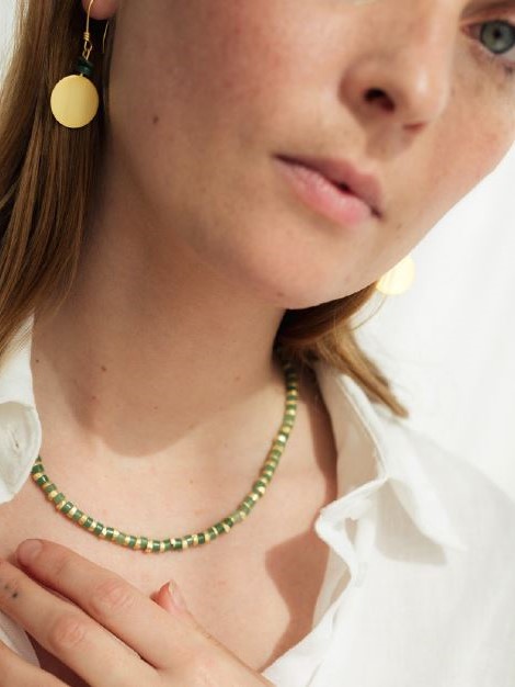 Collana dorata tubetti di Avventurina verde