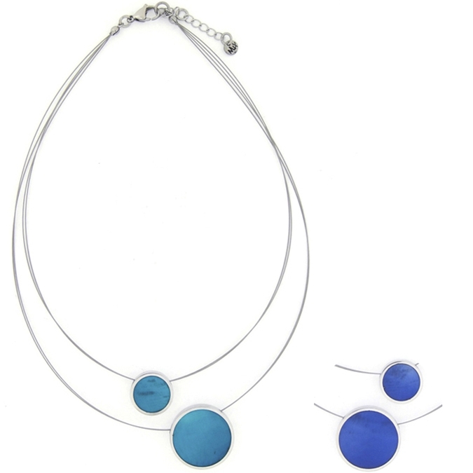 Collana girocollo con 2 cerchi madreperla in acciaio Blu turchese