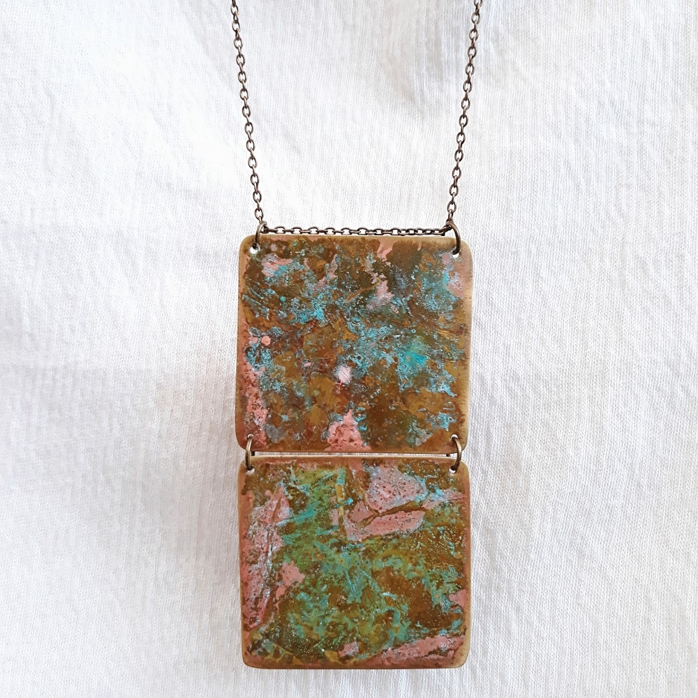 Collana lunga design 2 quadrati in rame ossidato - Hoiko