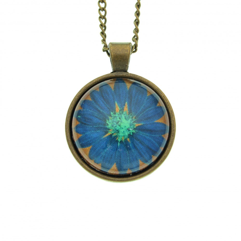Collana lunga con medaglione metallo anticato Margherita blu - Soul Scope