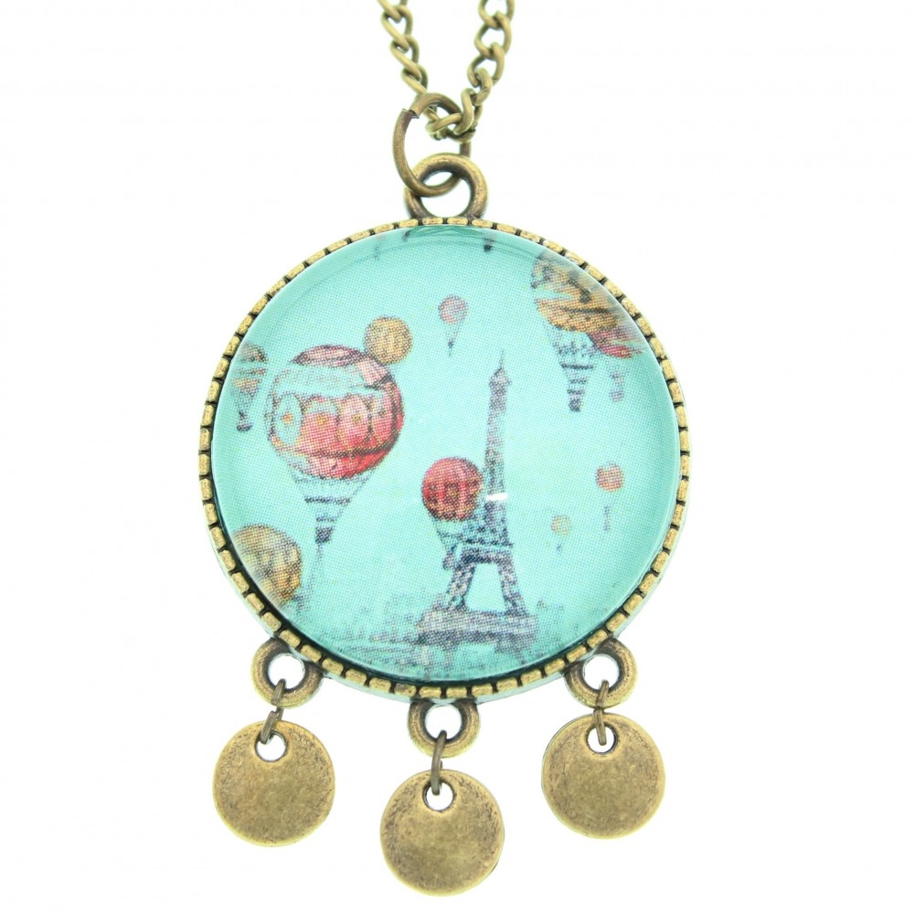 Collana lunga con medaglione metallo anticato in azzurro Parigi mongolfiere - Soul Scope