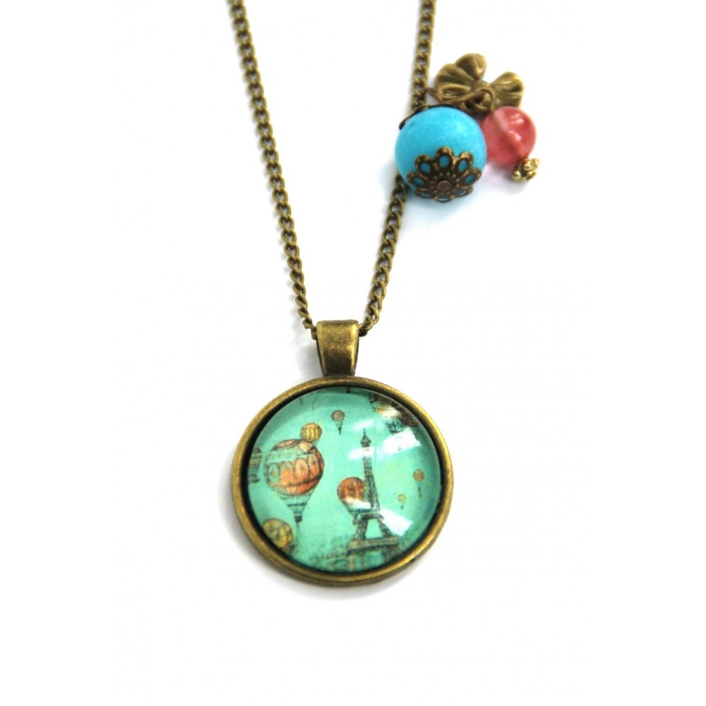 Collana con medaglione e pendagli metallo anticato in azzurro Parigi mongolfiere - Soul Scope