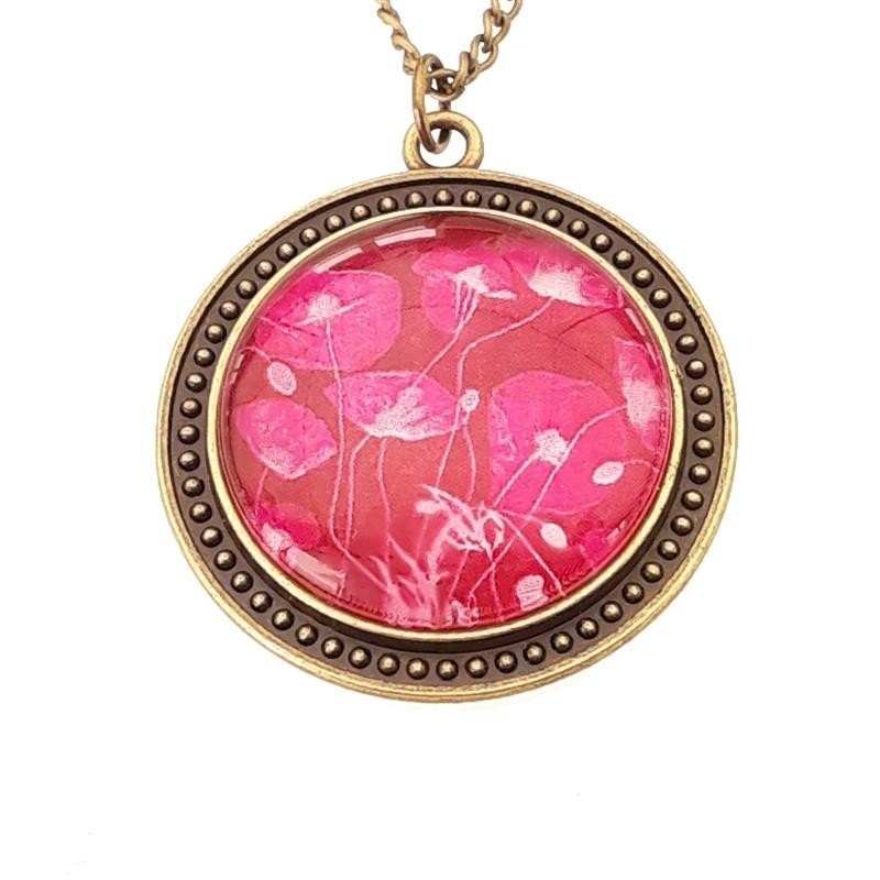Collana lunga medaglione metallo anticato Papaveri Fucsia - Soul Scope