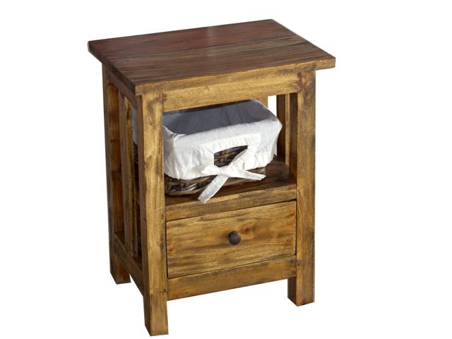 Comodino in legno riciclato con un cassetto e cestino foderato