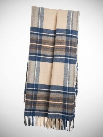 Plaid scozzese in misto lana rigenerata Tartan beige azzurro.