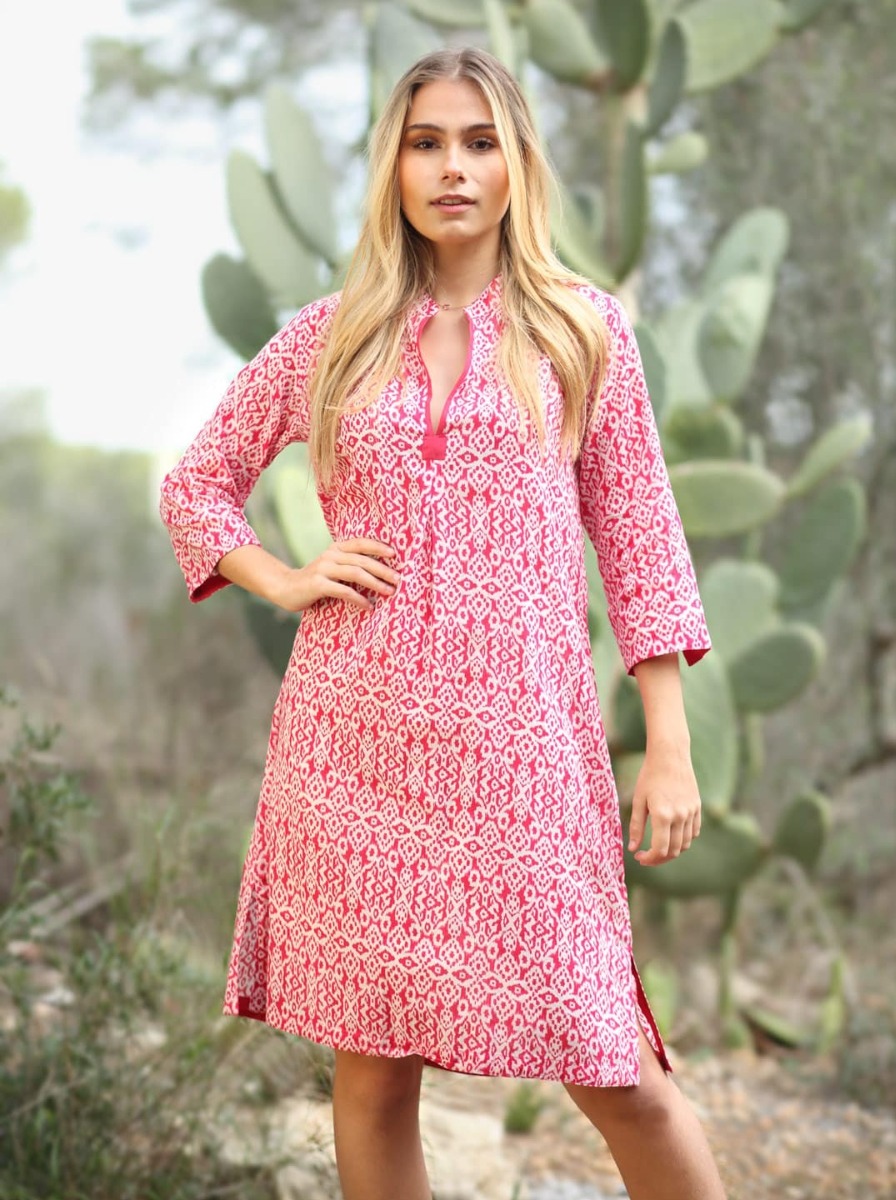 Copricostume in cotone fantasia geometrica fucsia, Ikat Mandum