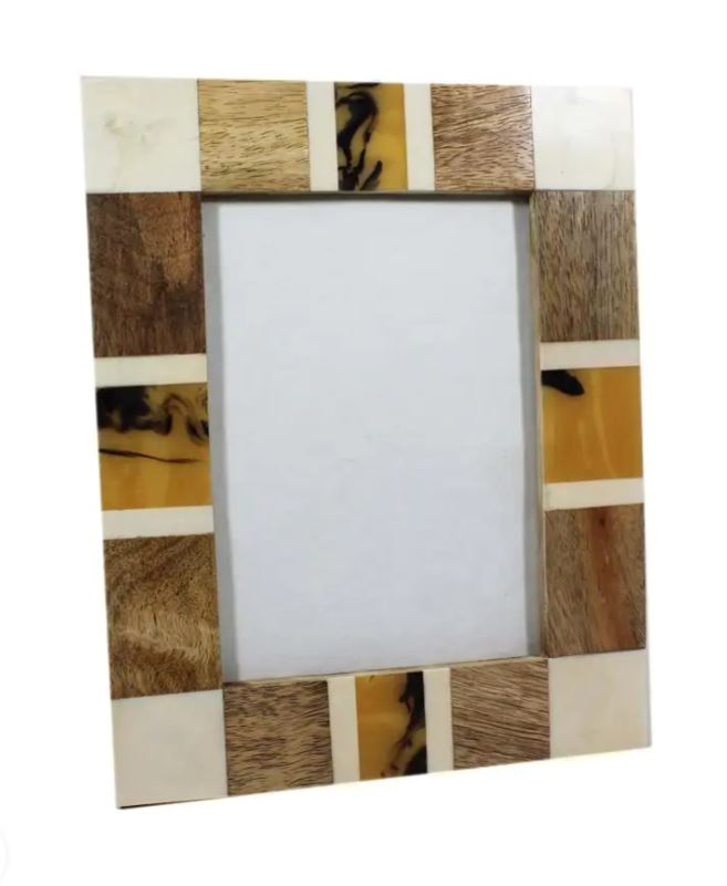 Cornice portafoto in legno righe multicolore marrone bianco