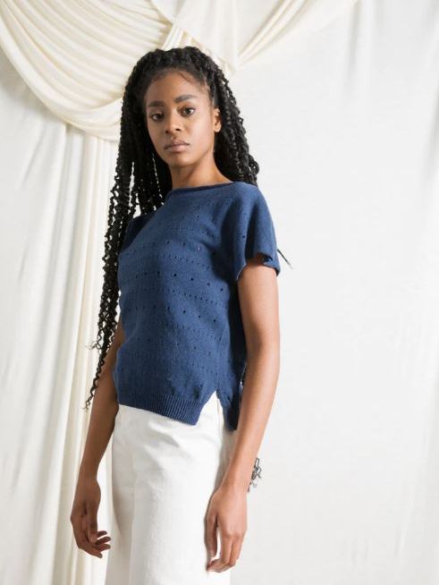 Maglia traforata in cotone jeans rigenerato Dori Blu Baltico - Rifò
