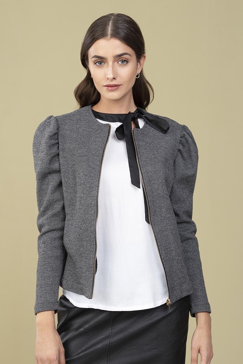 Giacca corta con maniche a sbuffo e zip AIDA- Grigia - Quid