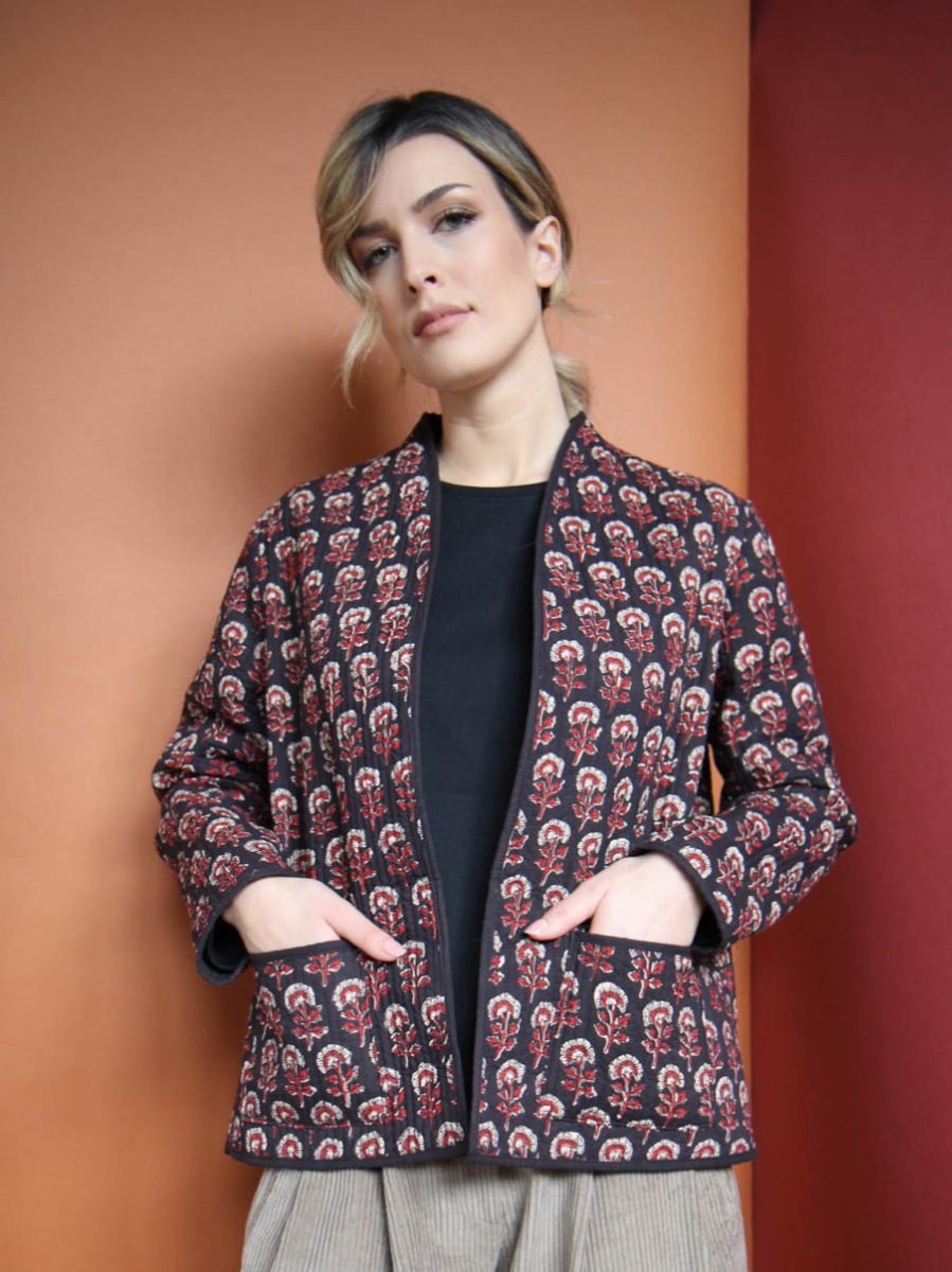 Giacca trapuntata donna a kimono bordeaux nera - Trame.