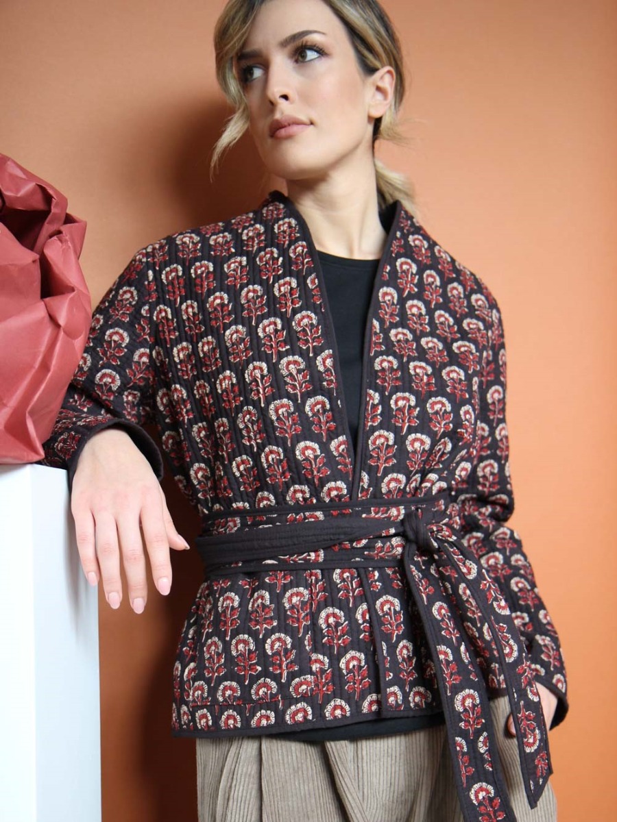 Giacca trapuntata donna a kimono bordeaux nera - Trame.