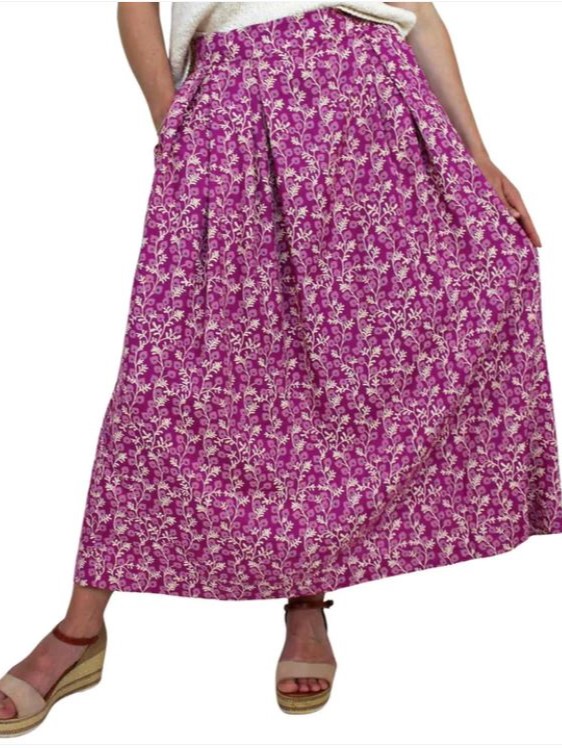 Gonna lunga fantasia, On Earth, ethical fashion in viscosa fantasia fucsia avorio e blu pavone