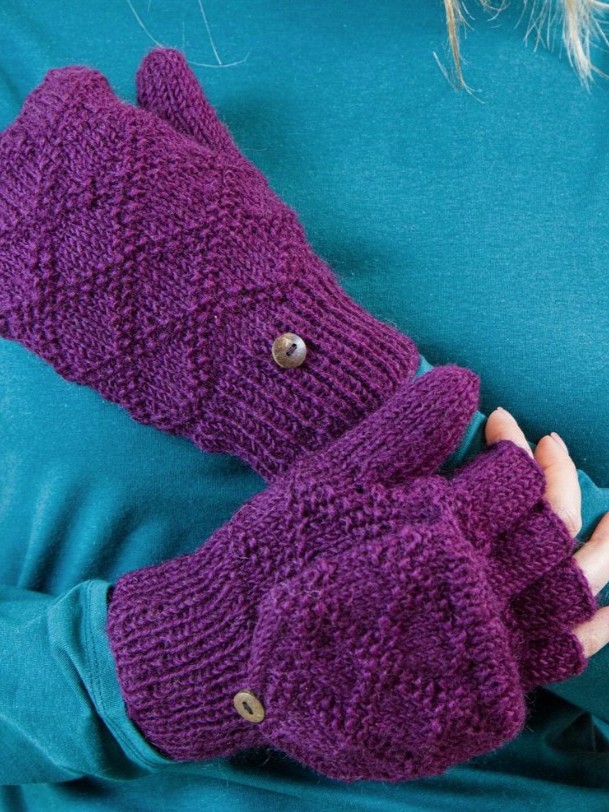 Guanti senza dita con cappuccio, fatti a mano Viola Rubina