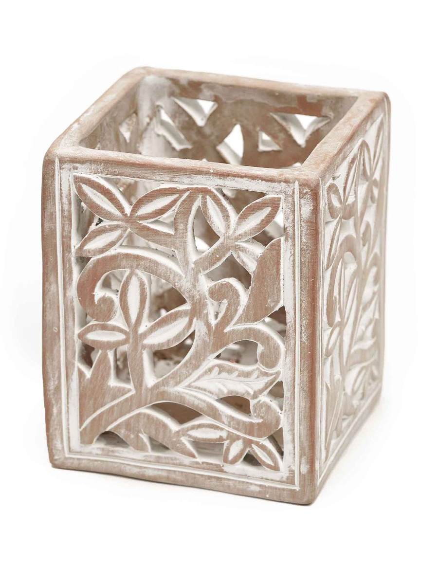 Lanterna porta candela, floreale in terracotta, equo solidale