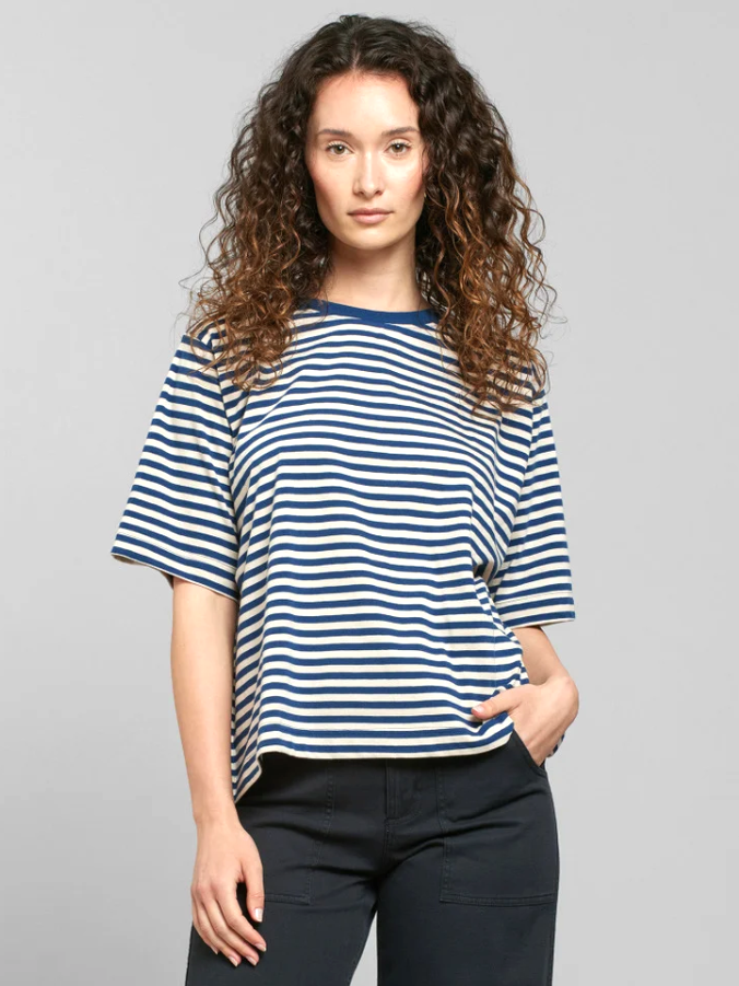 Maglia cotone organico Vadstena righe blu avorio donna Dedicated