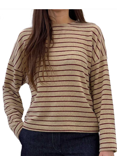 Maglia a righe in cotone garzato Rosi Beige rosso scuro