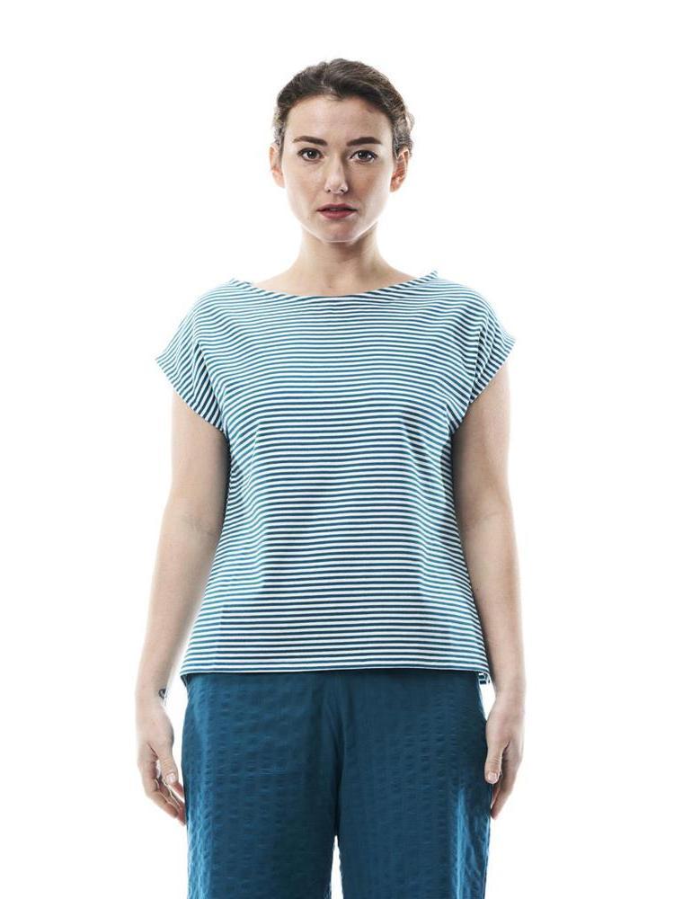 Maglia a righe in cotone organico Verde pavone bianco Alessia On Earth, equo solidale