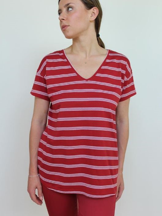 Maglietta donna a righe in cotone organico Tulsi rossa - On Earth