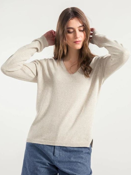 Maglia donna a V in cotone rigenerato Arianna Beige, Rifò