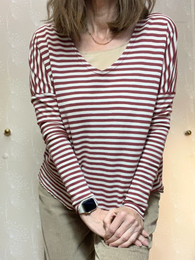 Maglia oversize donna collo a V 100% lana merinos 4027 righe Red