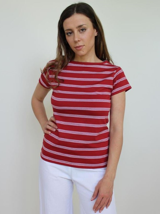 Maglietta donna a righe in cotone organico Tea Rosso bianca - On Earth