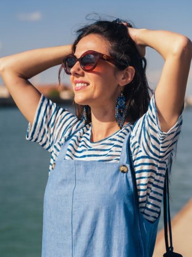 Maglia donna in lino righe Bianca e blu Losi - Progetto Quid
