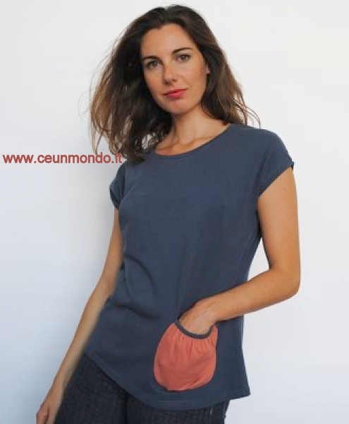 Maglia kimono donna in cotone biologico elasticizzato girocollo Gauri Azzurro