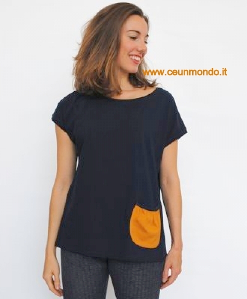 Maglia kimono donna in cotone biologico elasticizzato girocollo Gauri Blu