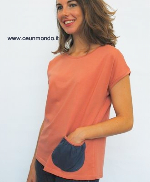 Maglia kimono donna in cotone biologico elasticizzato girocollo Gauri Rosa corallo