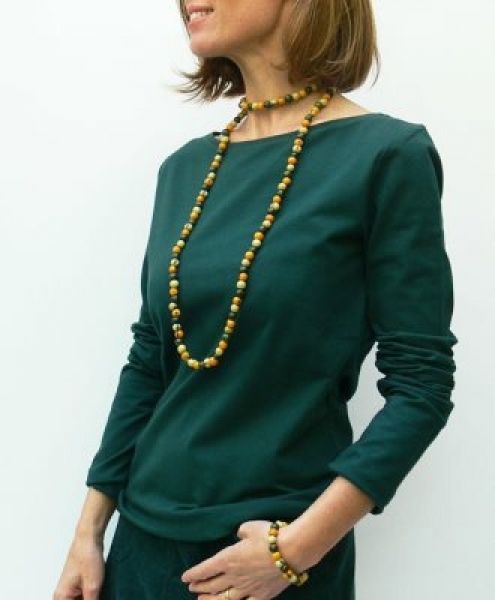 Maglia elasticizzata collo a barca in cotone biologico Stretch Verde petrolio