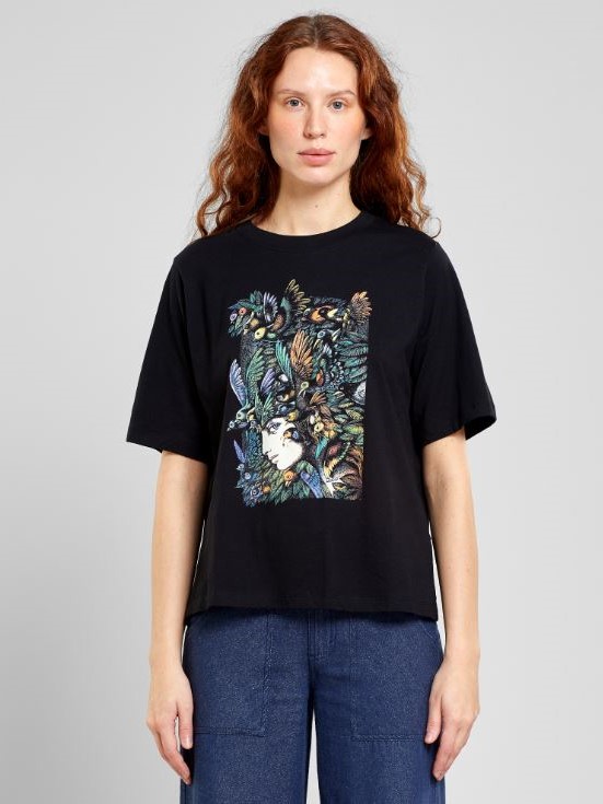 T-shirt cotone organico Vadstena Bird watcher nera donna