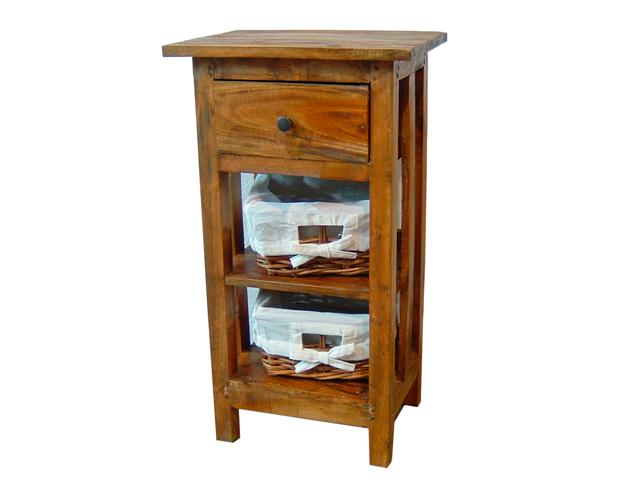 Mobiletto portatelefono in legno riciclato con un cassetto e due cesti foderati