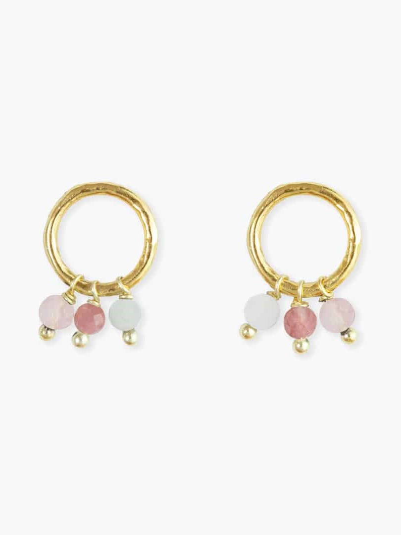 Orecchini a cerchio piccolo lobo placcati oro con quarzo rosa, Opi Mandum