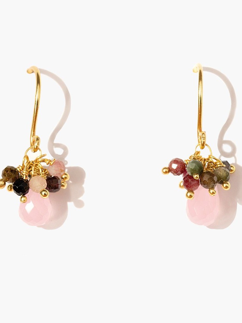 Orecchini dorati a goccia con quarzo rosa e tormalina, Xila