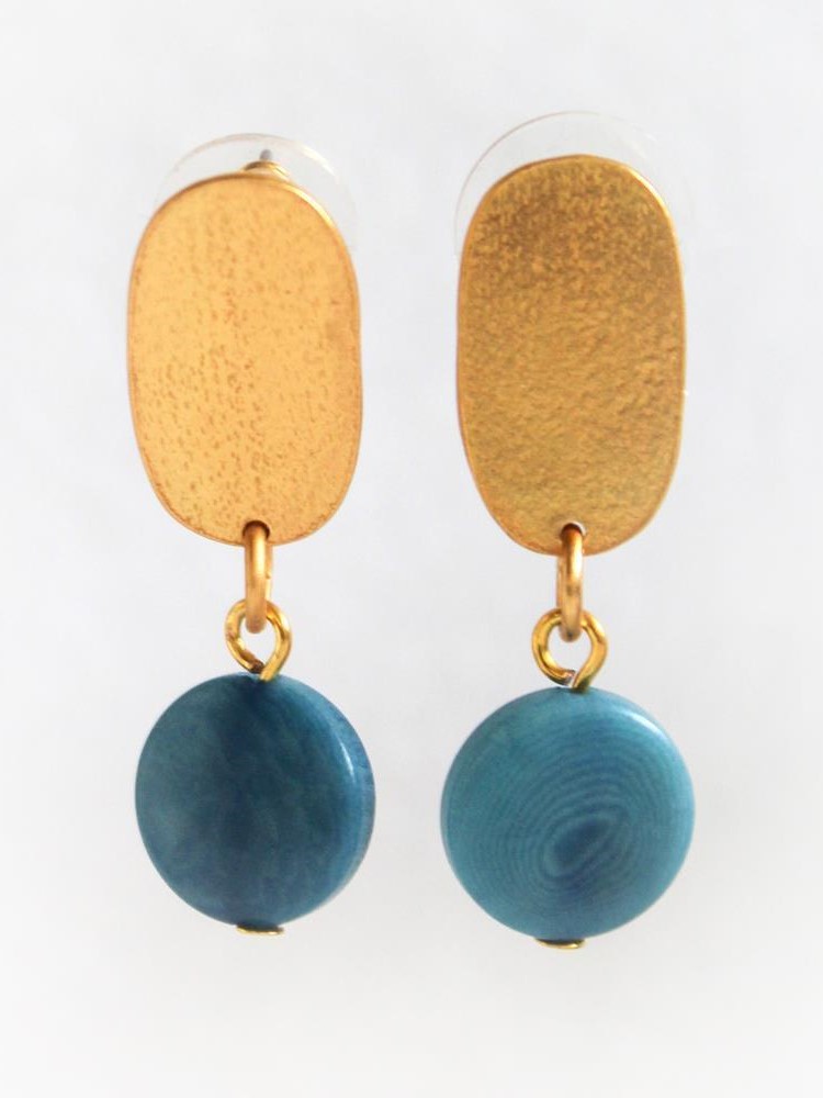 Orecchini dorati a perno Passiflora disco tagua Blu