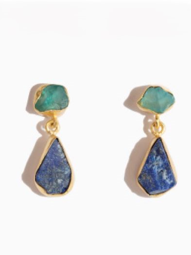 Orecchini dorati pietre grezze Lapis e Amazonite