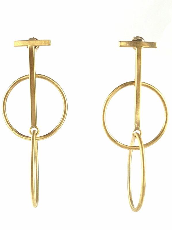 Orecchini cerchi doppi e T in ottone satinato pendenti, fatti a mano in maniera artigianale, Palermo - Brillabijoux